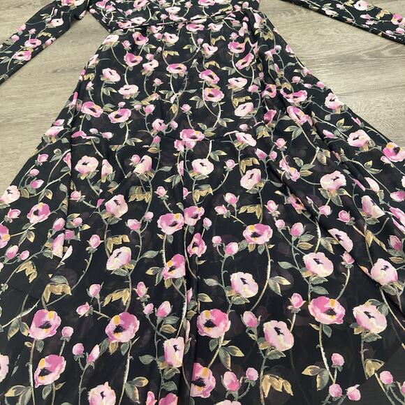 WHBM Floral Mesh Wrap Midi Dress Black Pink 10 bohemian preppy girly party boho - Picture 14 of 14